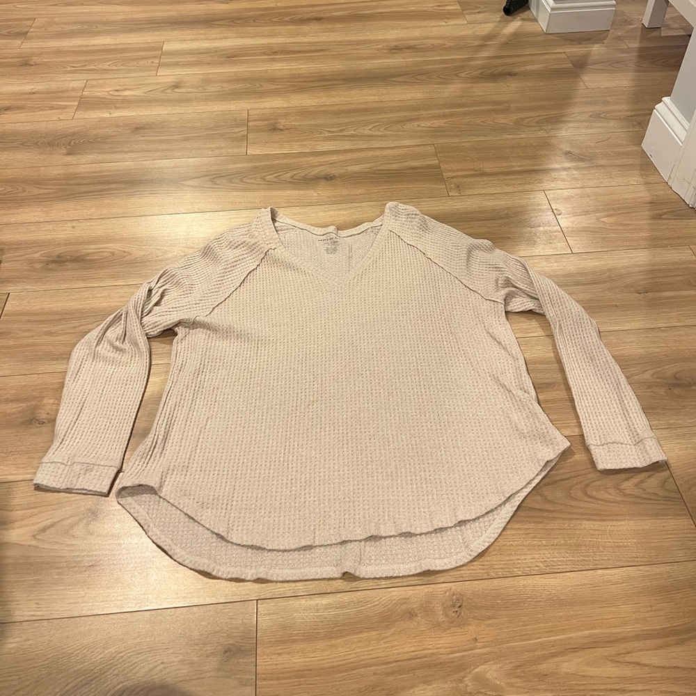 American Eagle Outfitters Light Beige Waffle V-Neck Top
